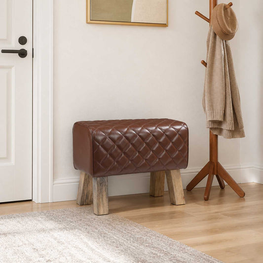Bench 60 x 30 x 45 cm Real Leather Brown Diamond
