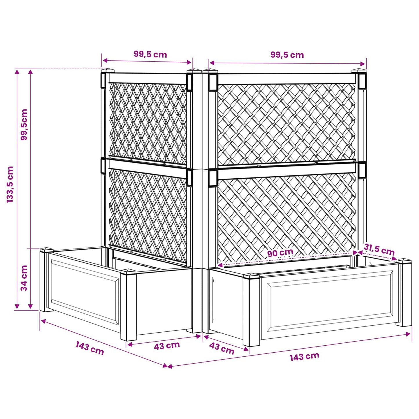 Big Planter with Trellis 2 pcs White 143 x 143 x 133.5 cm PP