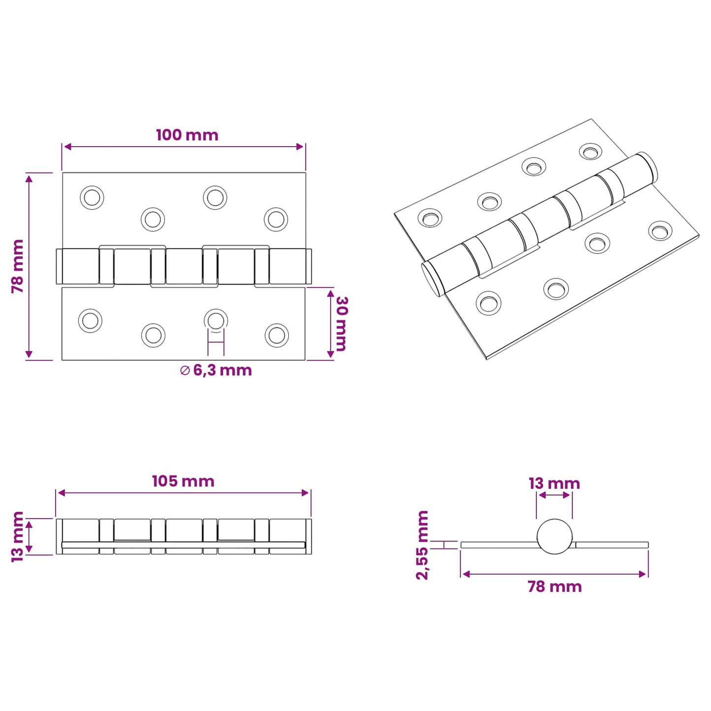 Hinge 8 pcs 100 x 78 x 13 mm Silver Steel
