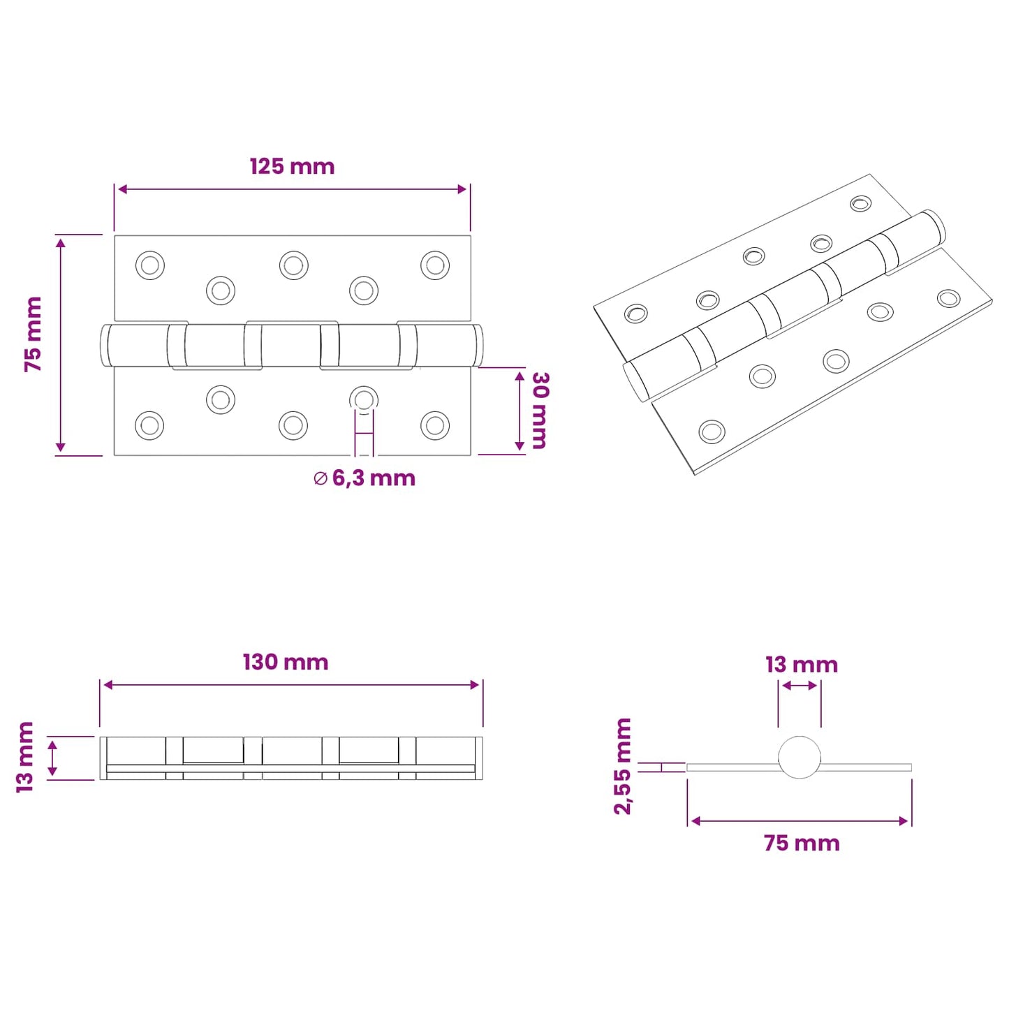 Hinge 8 pcs 125 x 75 x 13 mm Silver Steel