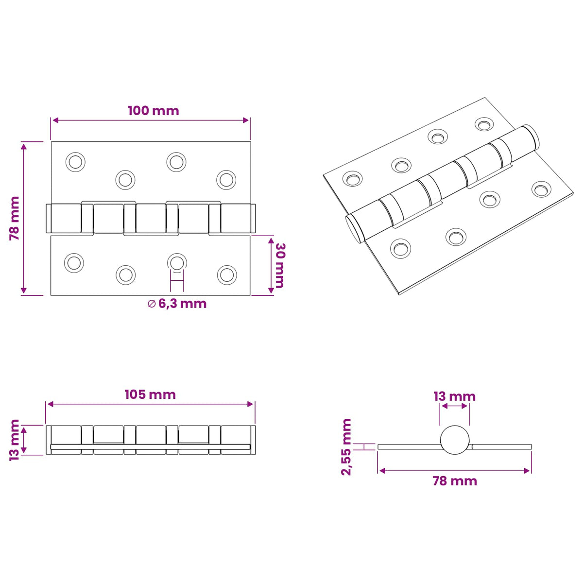 Hinge 16 pcs 100 x 78 x 13 mm Silver Steel