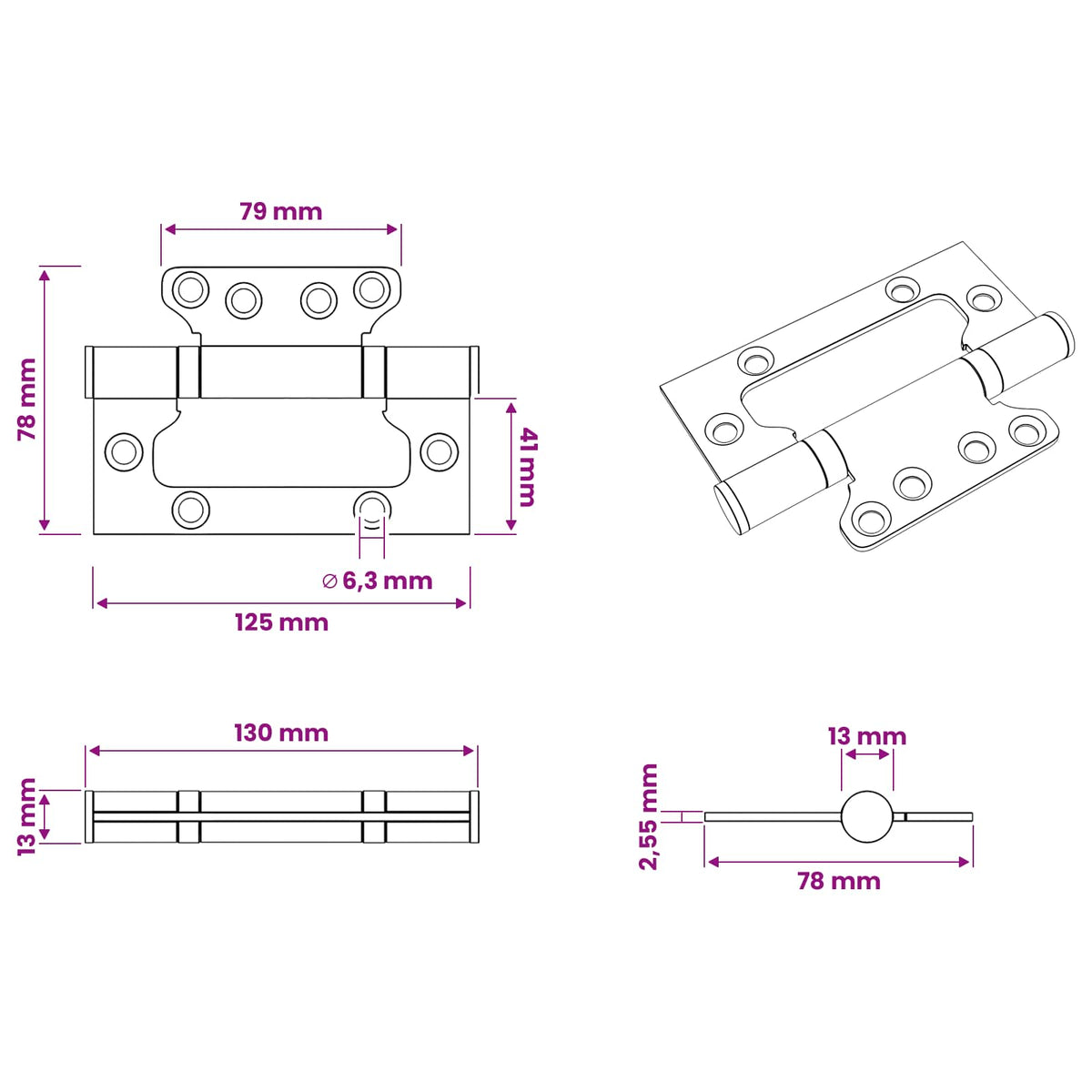 Hinge 8 pcs 125 x 78 x 13 mm Silver Steel