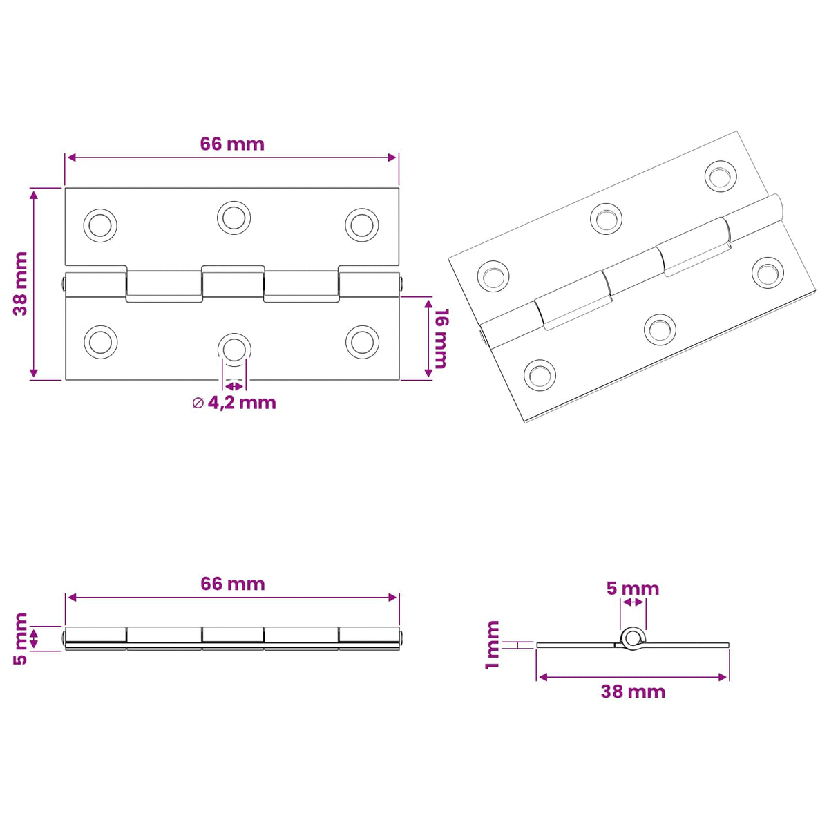 Hinge 48 pcs 66 x 38 x 5 mm Silver Steel