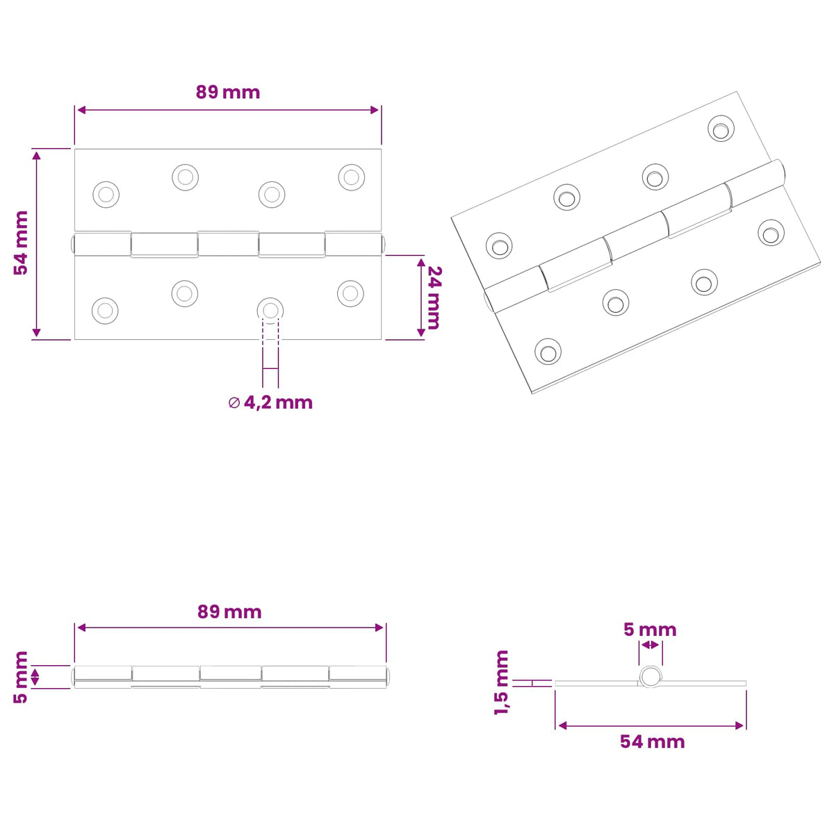 Hinge 48 pcs 89 x 54 x 5 mm Silver Steel
