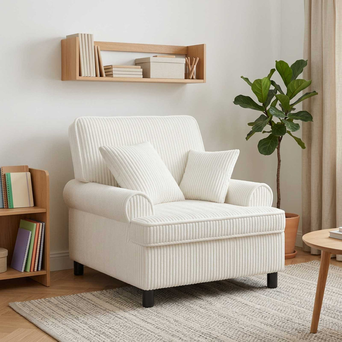 XL Armchair with Cushions Cream 1.5 Lines Fabric