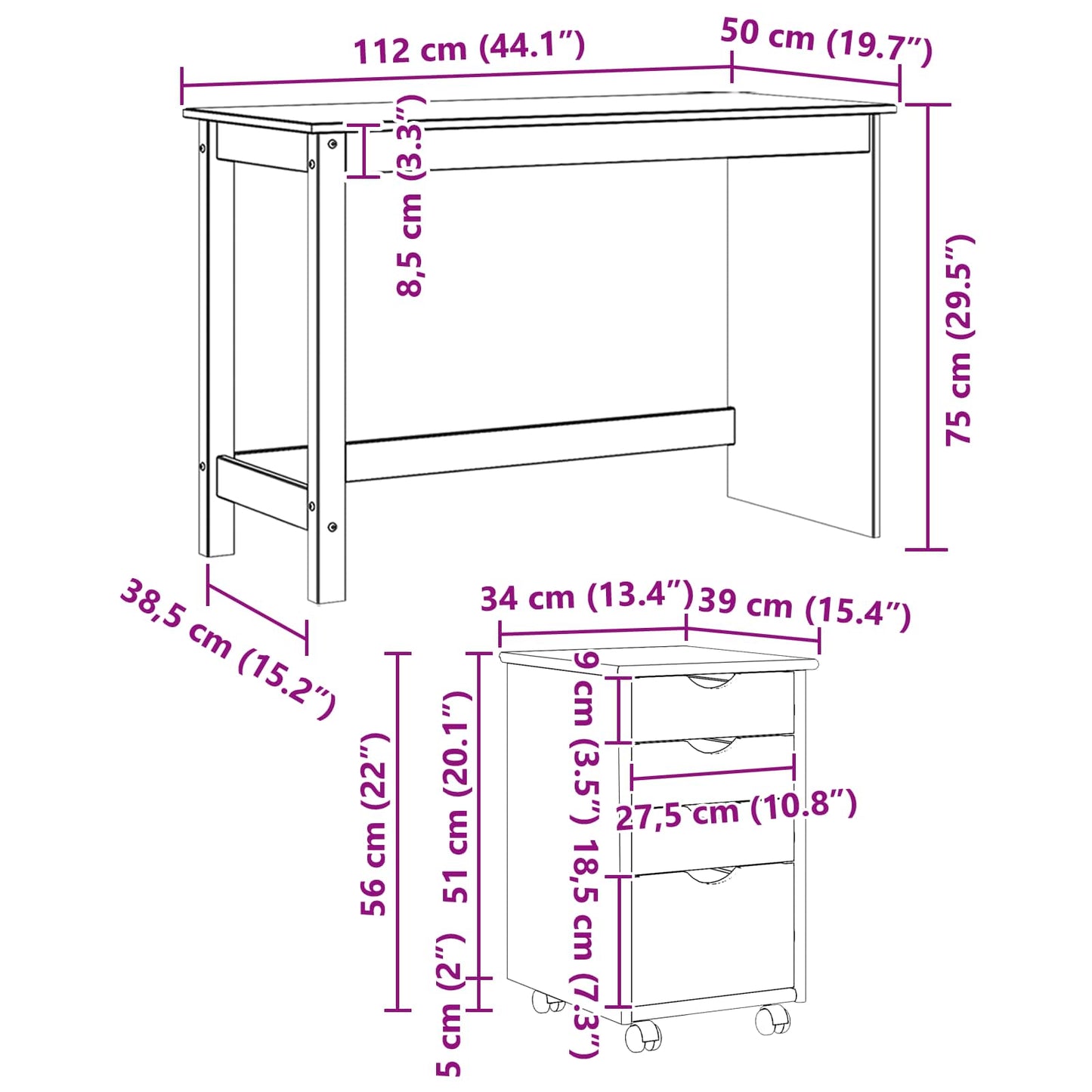 Desk Cabinet Set 2 pcs Brown Solid Pine Wood