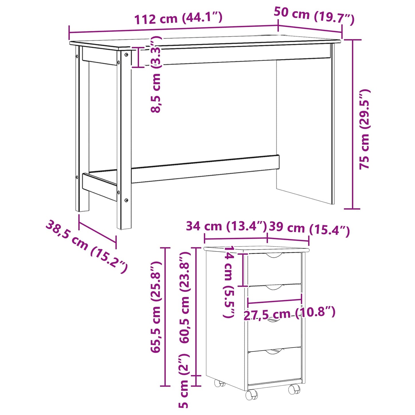 Desk Cabinet Set 2 pcs Brown Solid Pine Wood