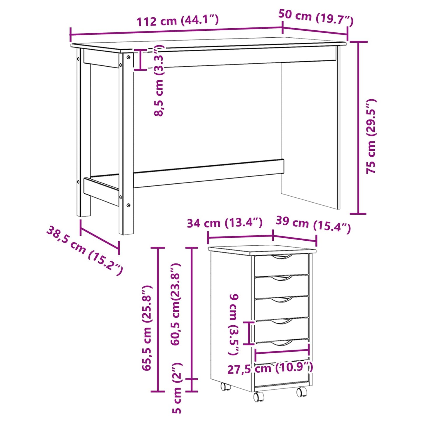 Desk and Rolling Cabinet Set MOSS 2 pcs White