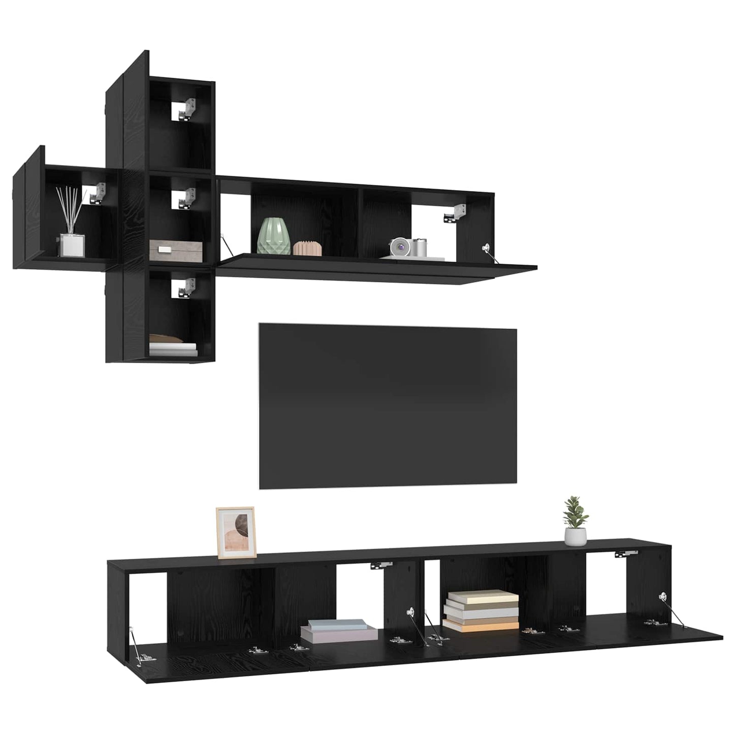 TV Cabinet Set Wall-mounted 7 pcs Black Oak Engineered Wood