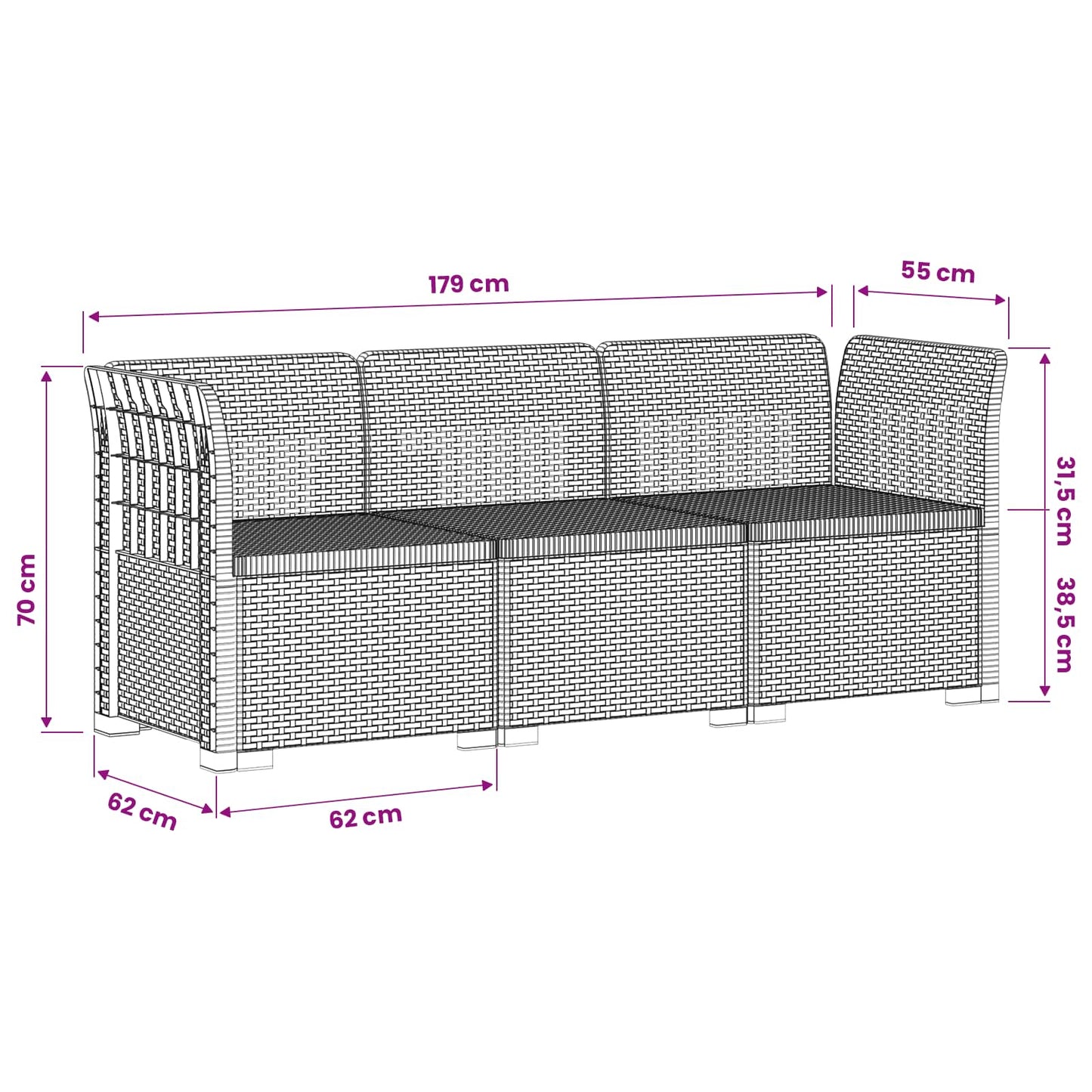 3-Seater Garden Sofa Rattan Look PP Light Grey