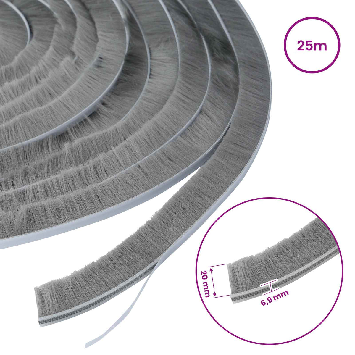 Self-Adhesive Door Brush Seal 25 m PP Grey