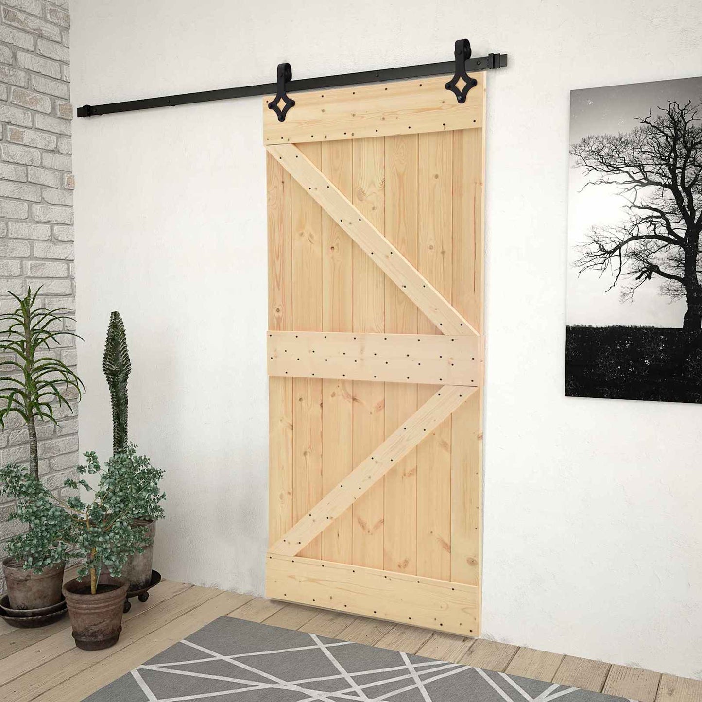 Sliding Door Natural and Black 80 x 210 cm Solid Pine Wood