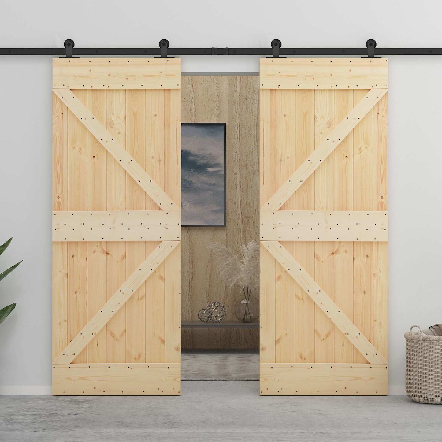 Sliding Door Natural and Black 80 x 210 cm Solid Pine Wood