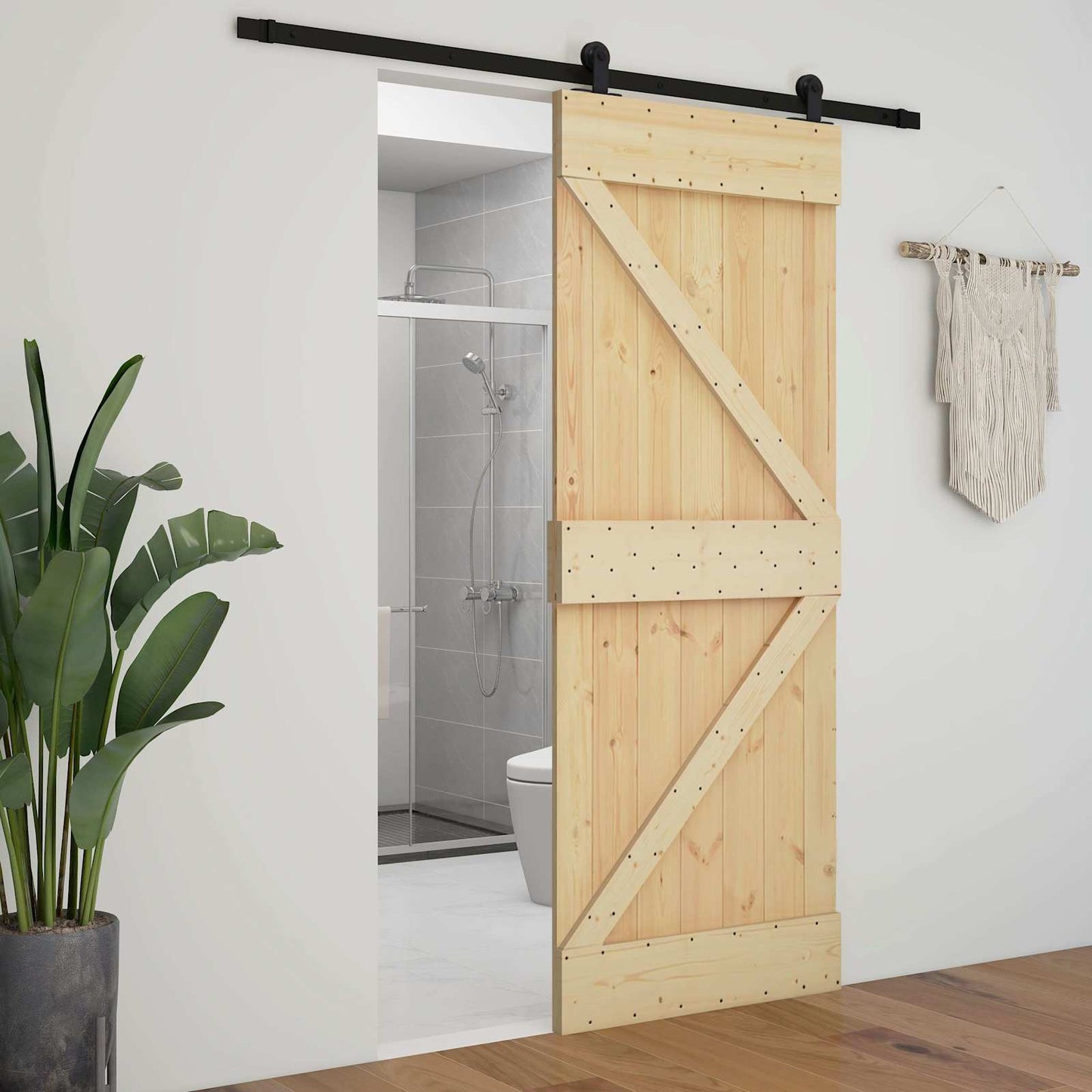 Sliding Door Natural and Black 80 x 210 cm Solid Pine Wood