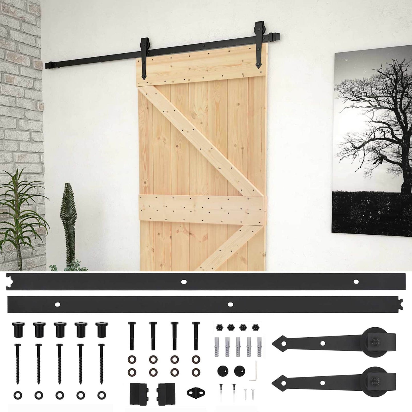 Sliding Door Natural and Black 90 x 210 cm Solid Pine Wood