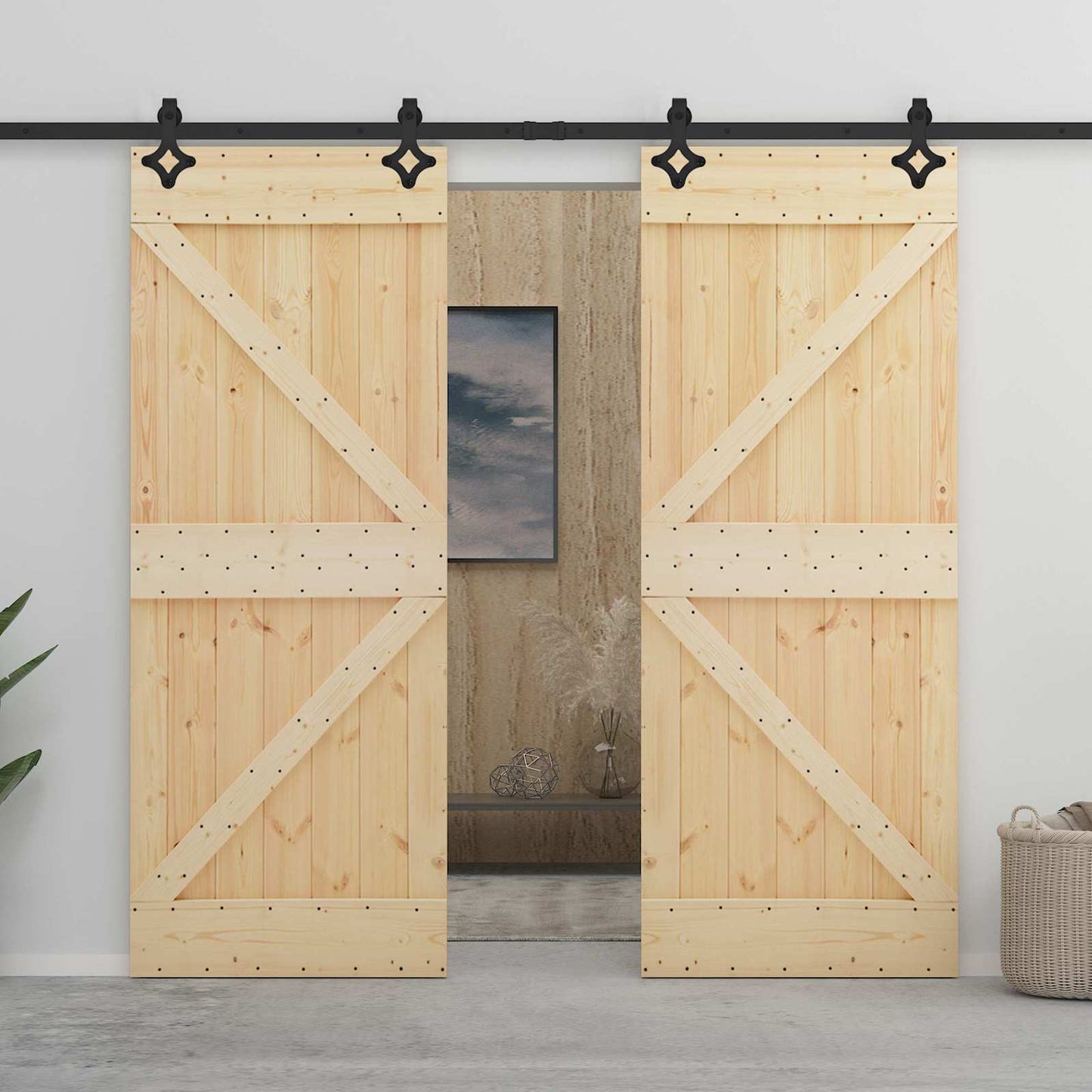 Sliding Door Natural and Black 90 x 210 cm Solid Pine Wood