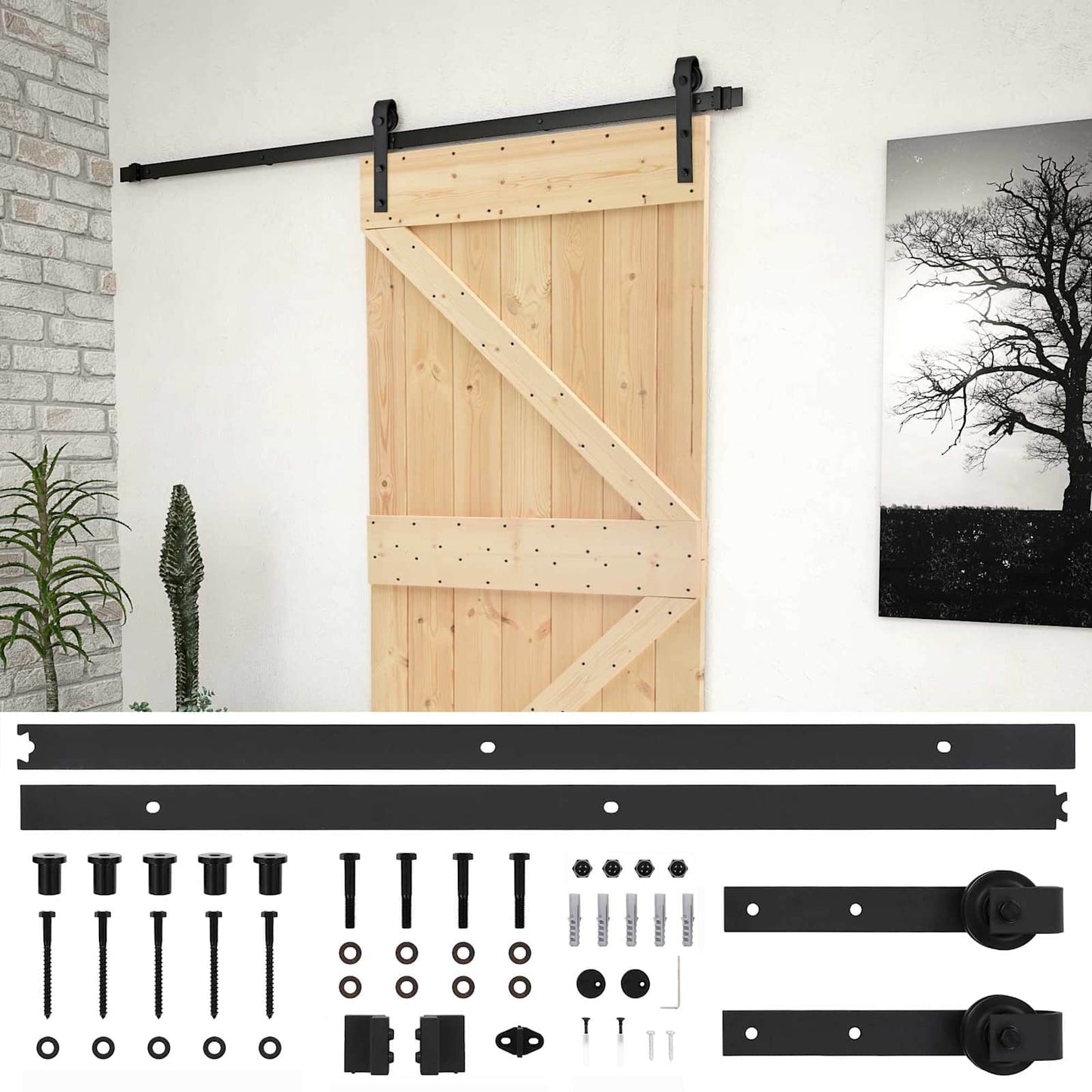 Sliding Door Natural and Black 90 x 210 cm Solid Pine Wood