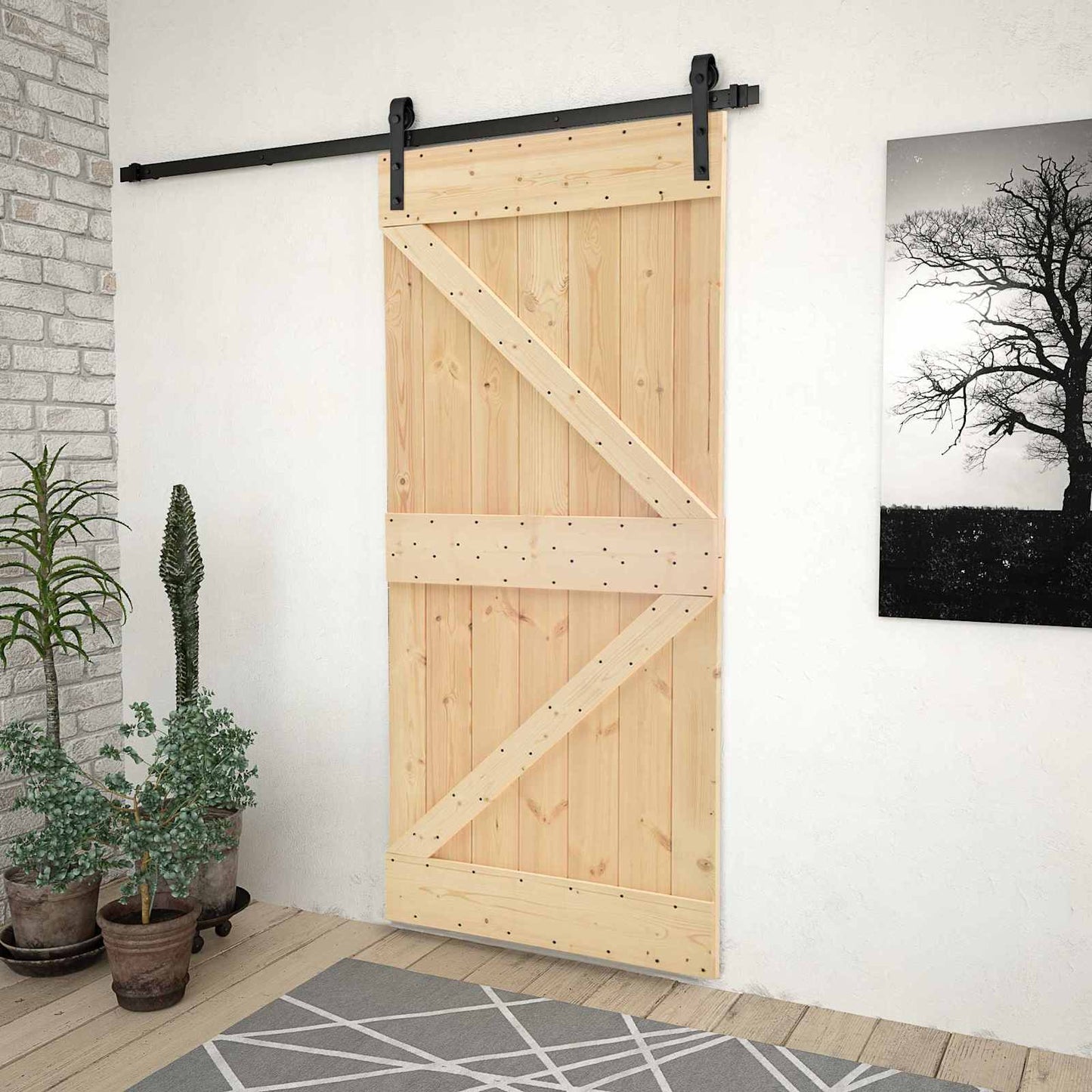 Sliding Door Natural and Black 90 x 210 cm Solid Pine Wood