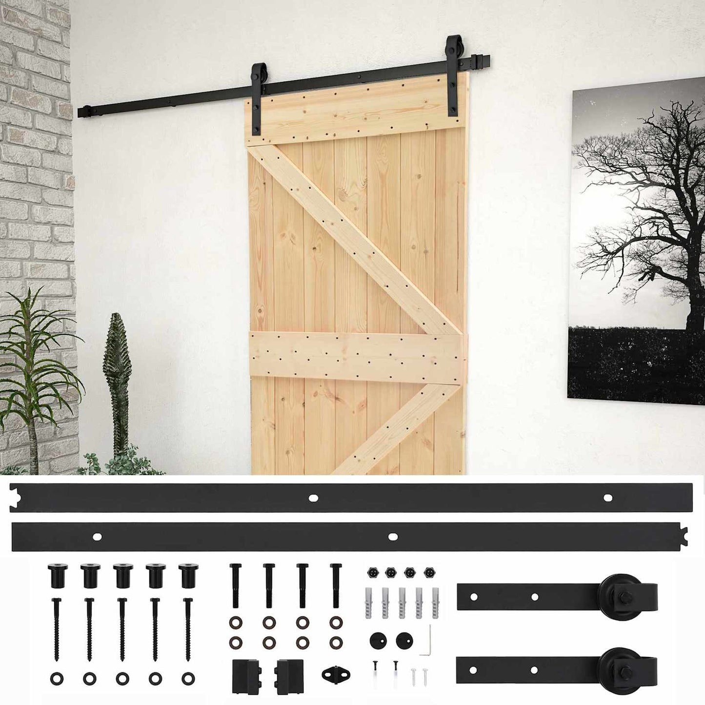 Sliding Door Natural and Black 90 x 210 cm Solid Pine Wood