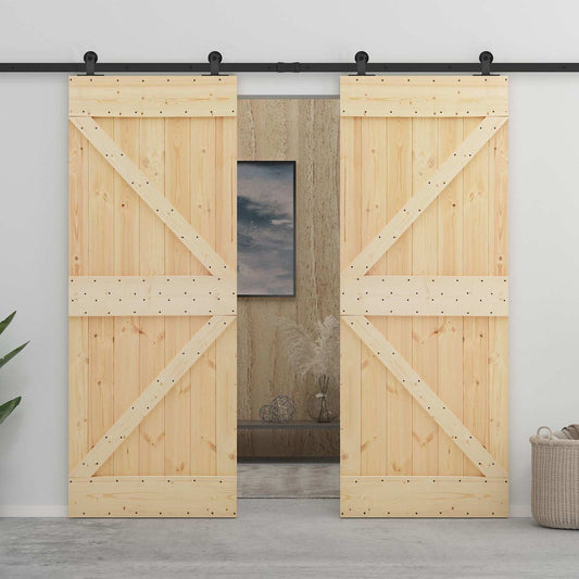 Sliding Door 2 pcs Natural and Black Solid Pine Wood