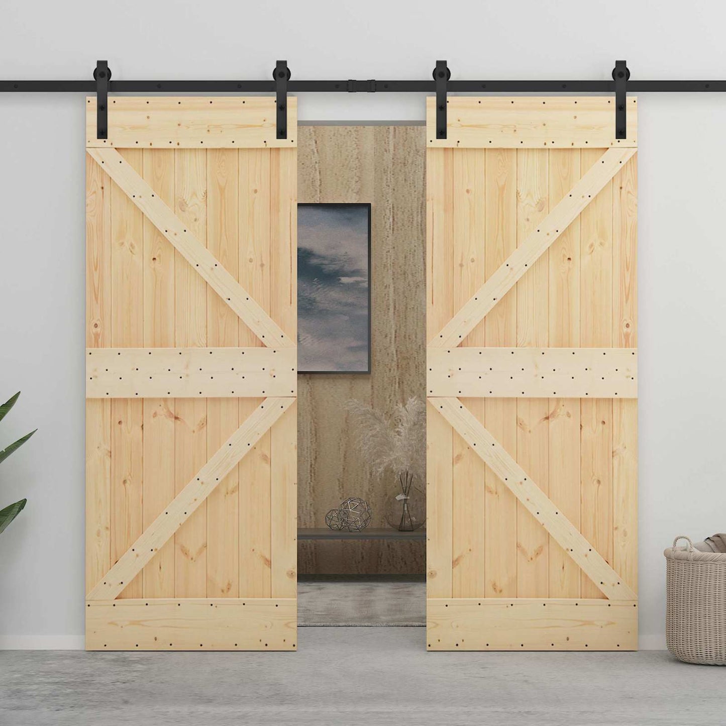 Sliding Door 2 pcs Natural and Black Solid Pine Wood