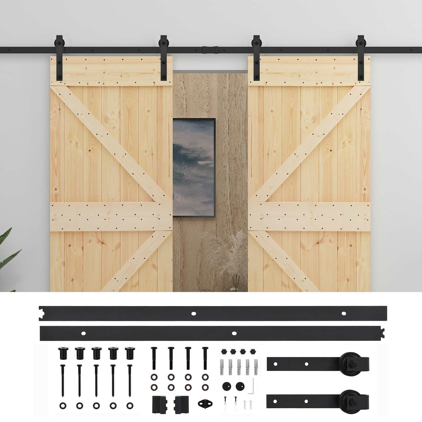 Sliding Door 2 pcs Natural and Black Solid Pine Wood