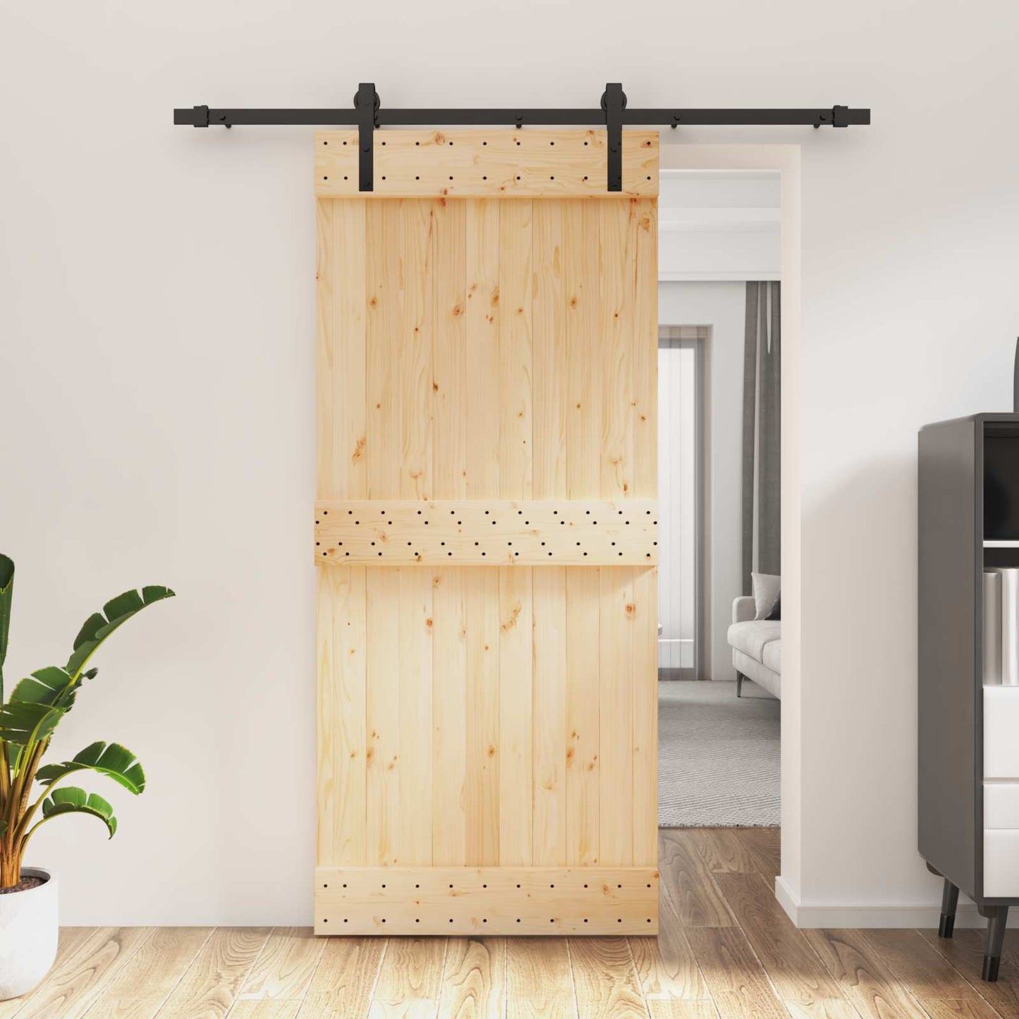 Sliding Door Natural and Black 90 x 210 cm Solid Pine Wood