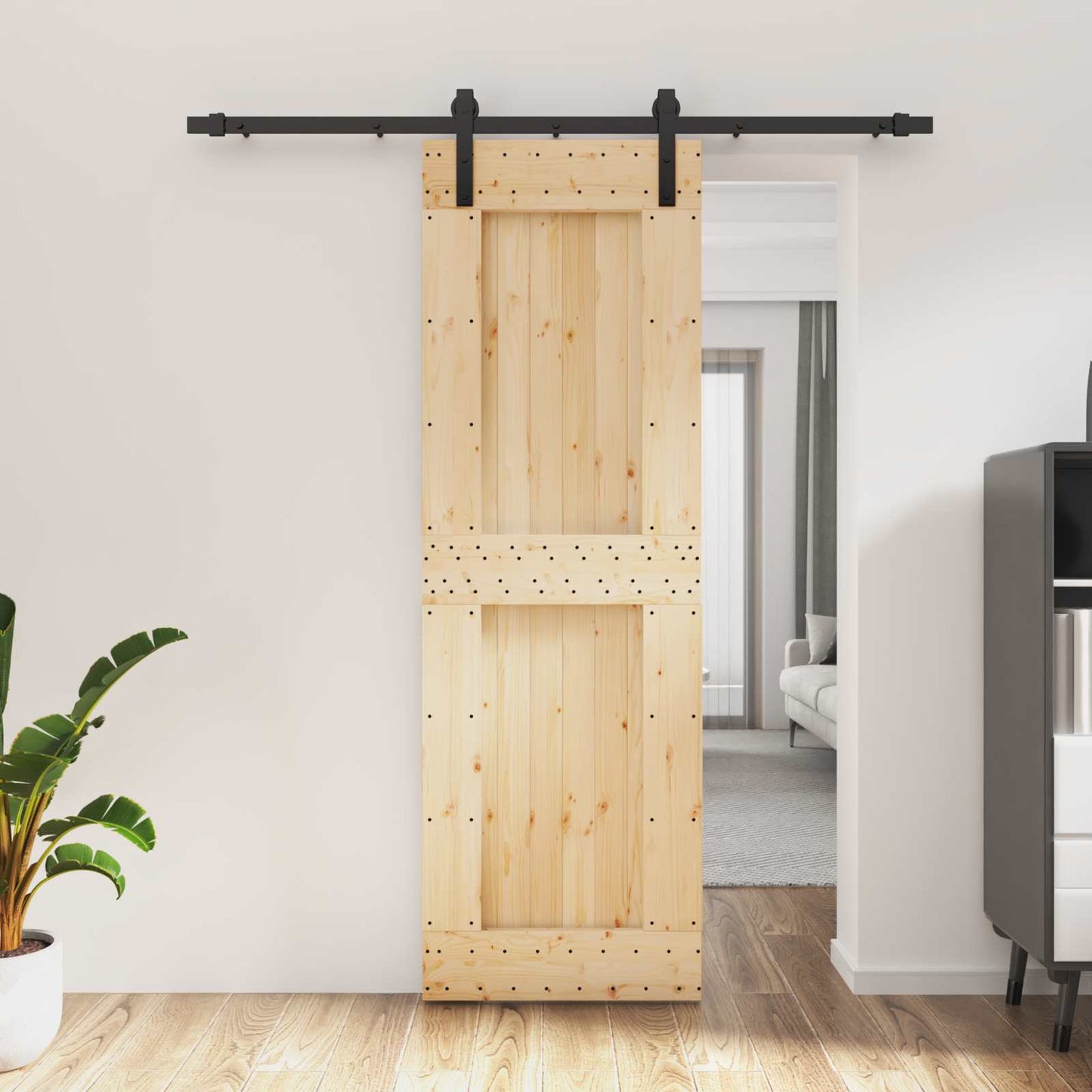 Sliding Door Natural and Black 70 x 210 cm Solid Pine Wood