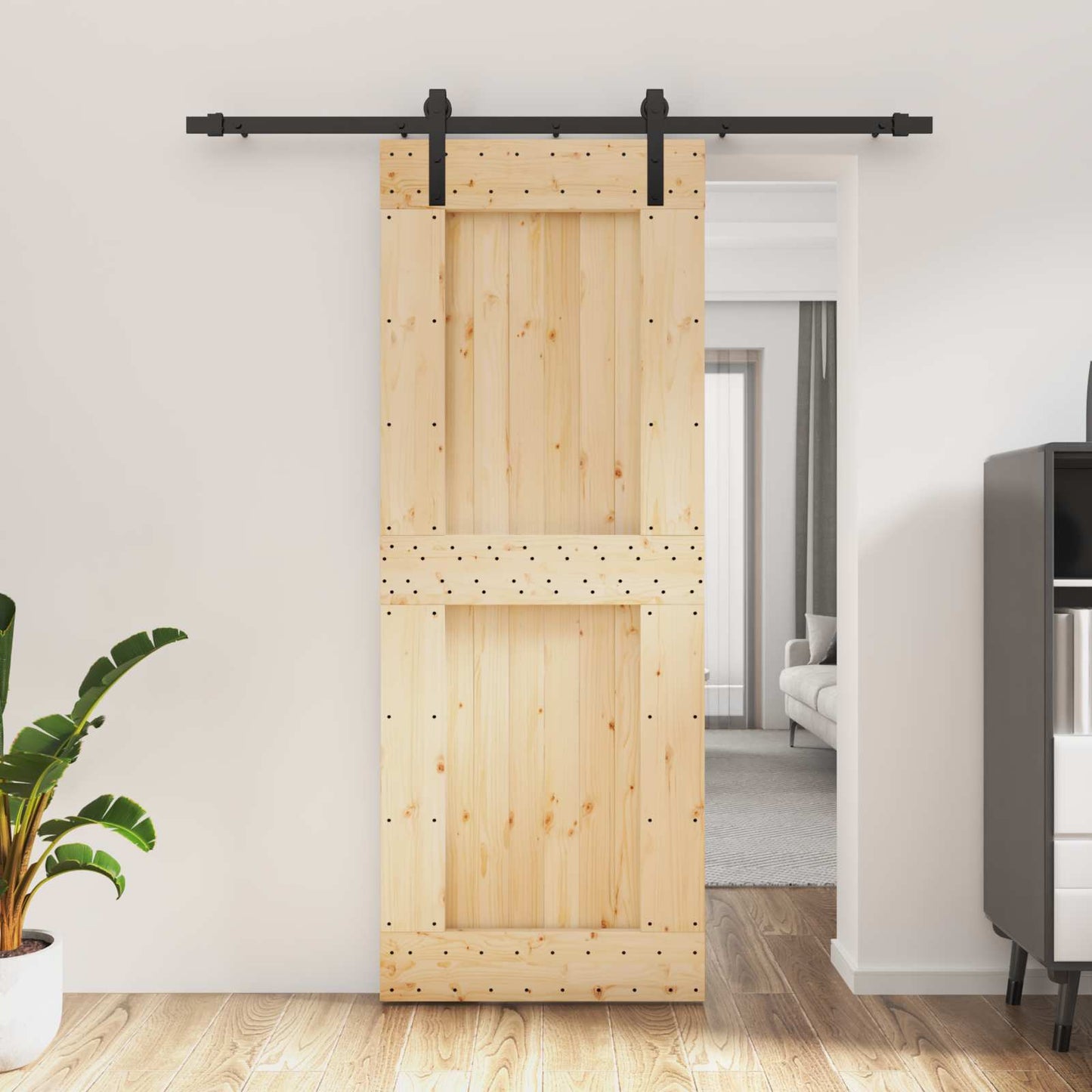 Sliding Door Natural and Black 80 x 210 cm Solid Pine Wood