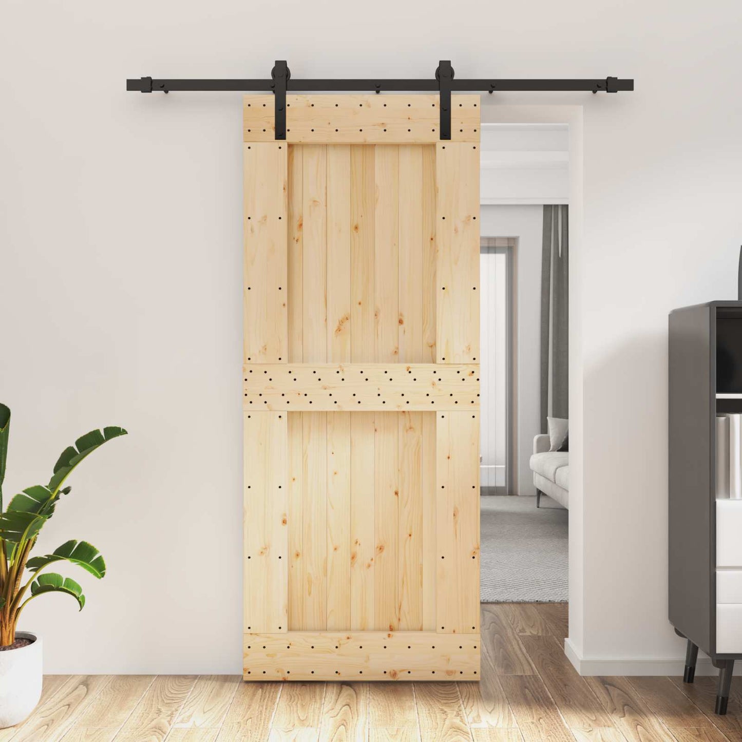 Sliding Door Natural and Black 85 x 210 cm Solid Pine Wood