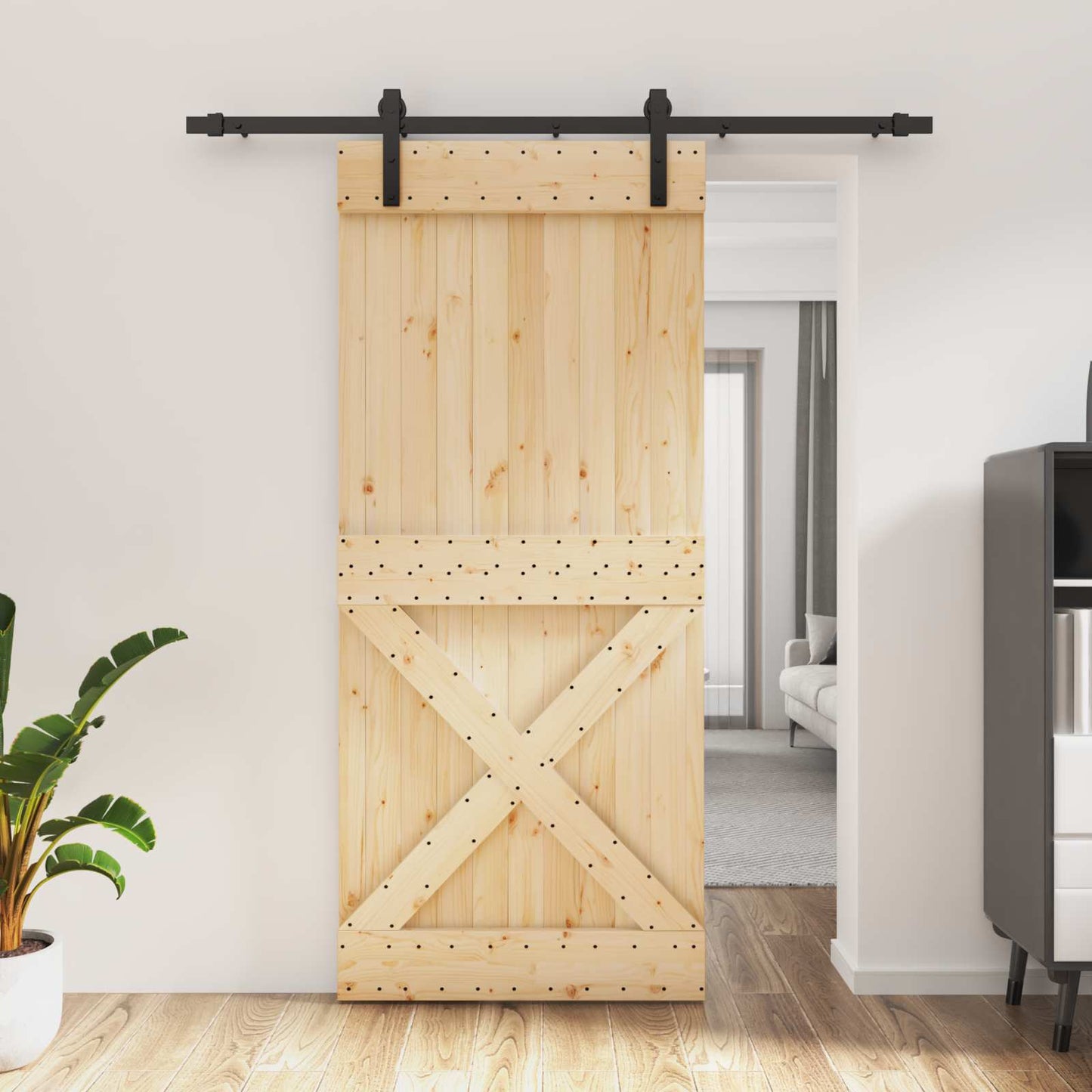 Sliding Door Natural and Black 90 x 210 cm Solid Pine Wood