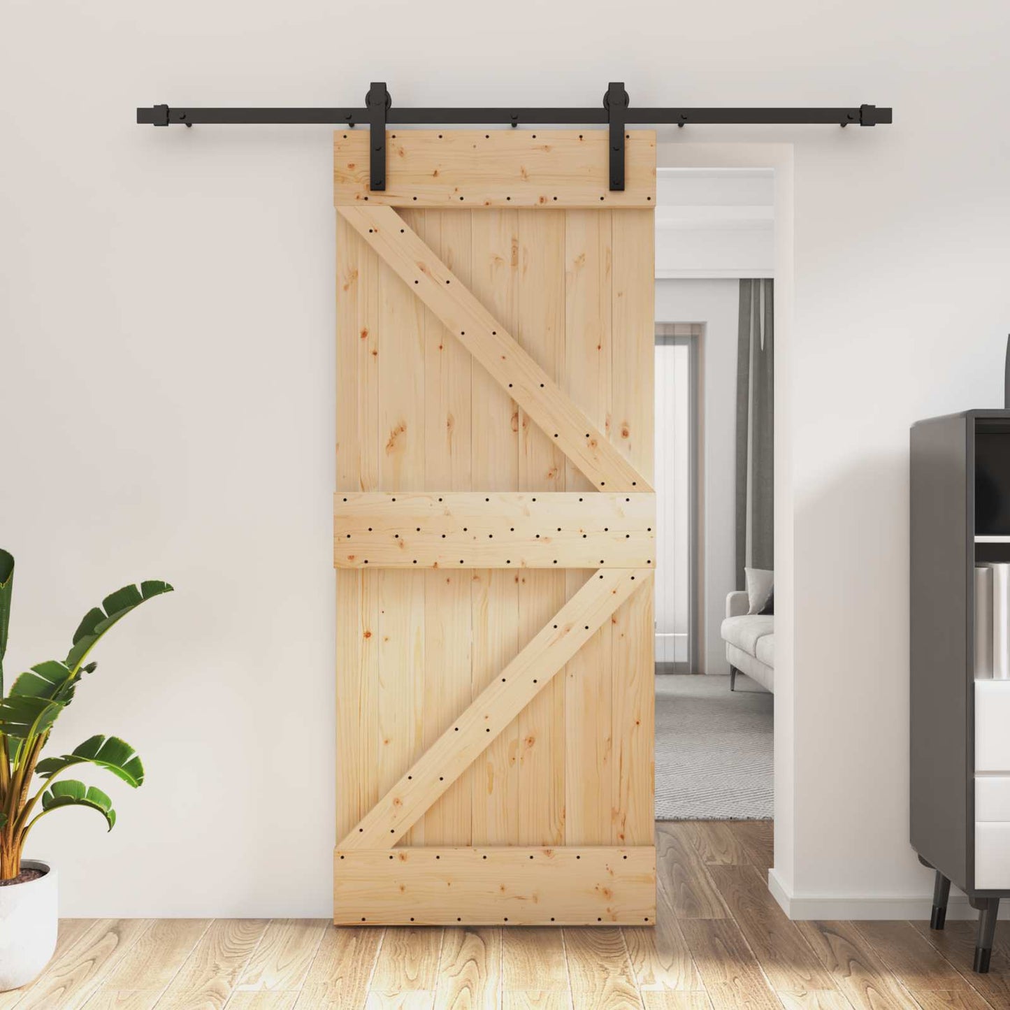 Sliding Door Natural and Black 85 x 210 cm Solid Pine Wood