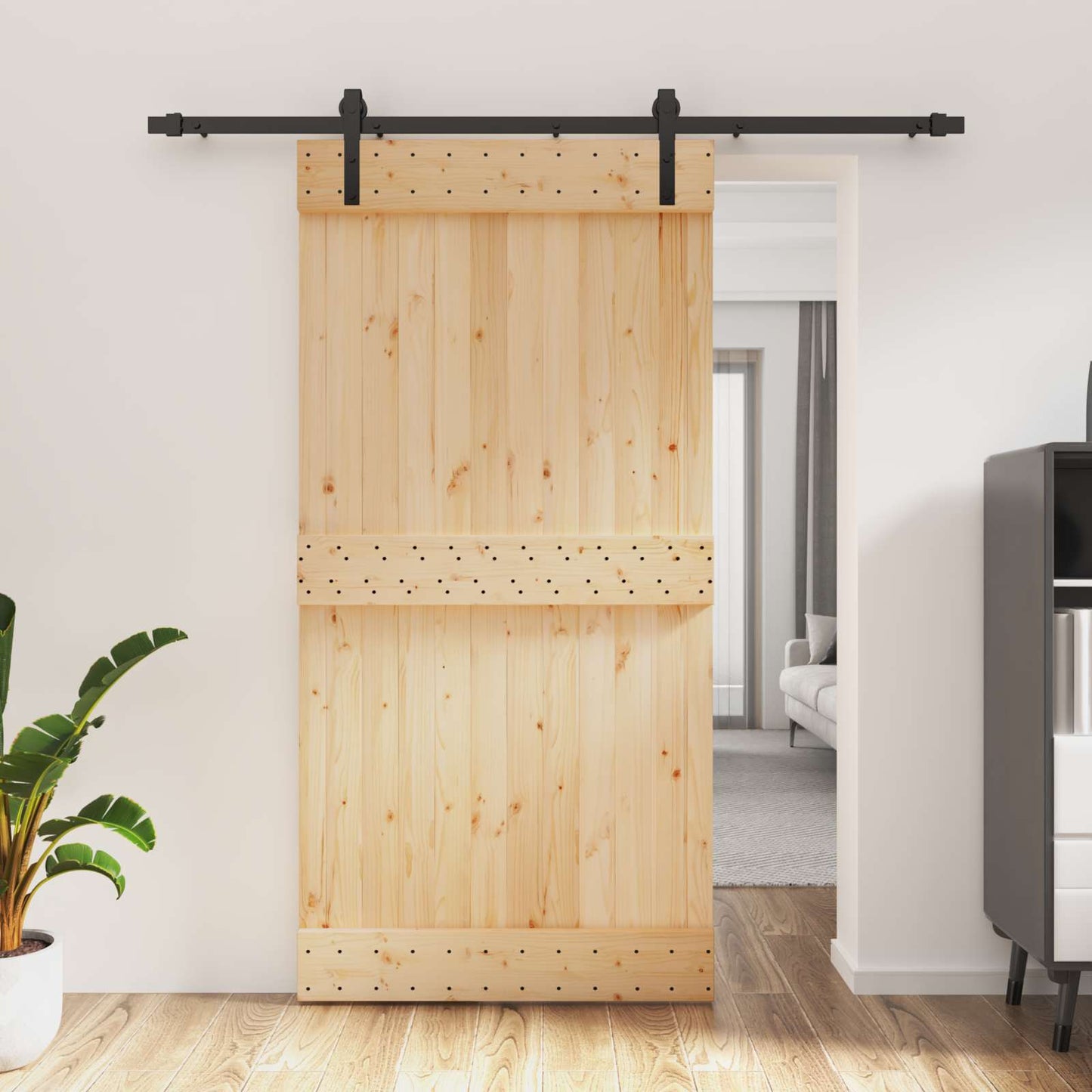 Sliding Door Natural and Black 100 x 210 cm Solid Pine Wood
