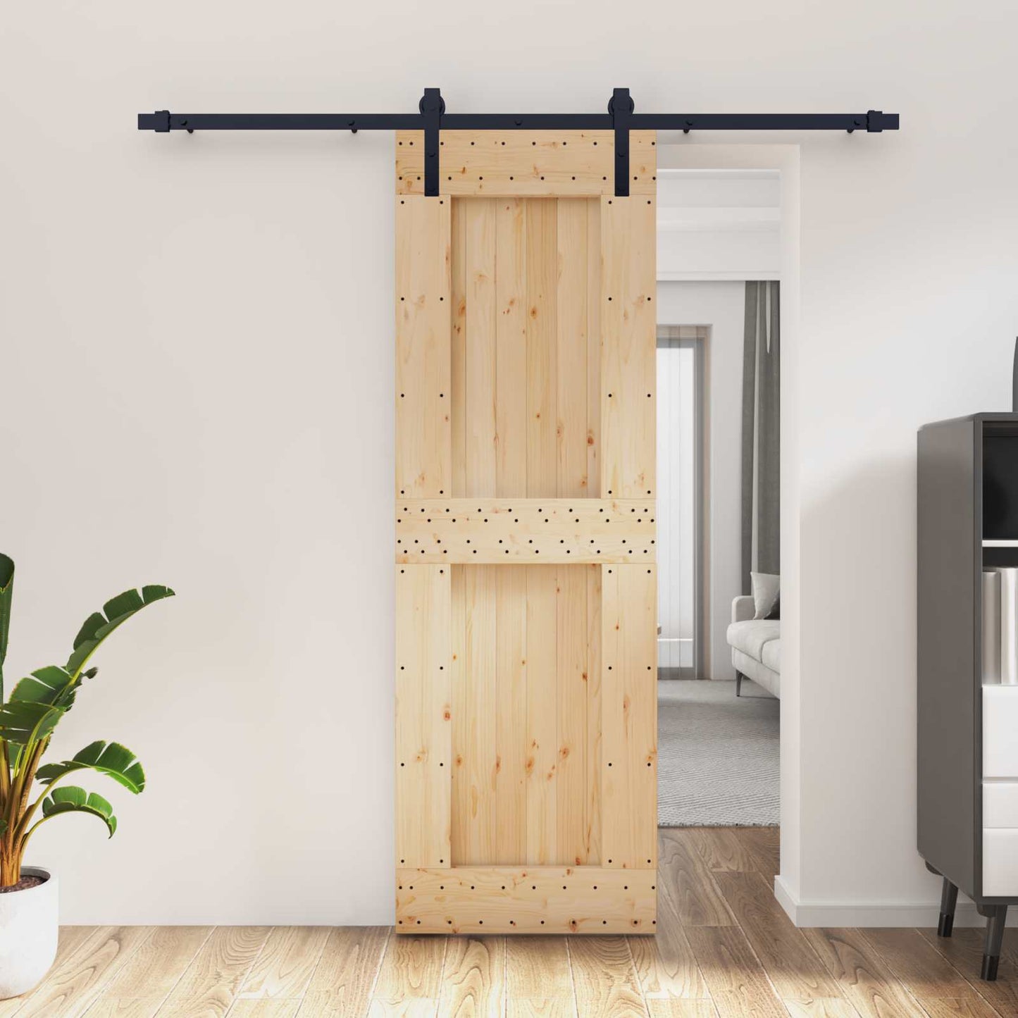 Sliding Door Natural and Black 70 x 210 cm Solid Pine Wood