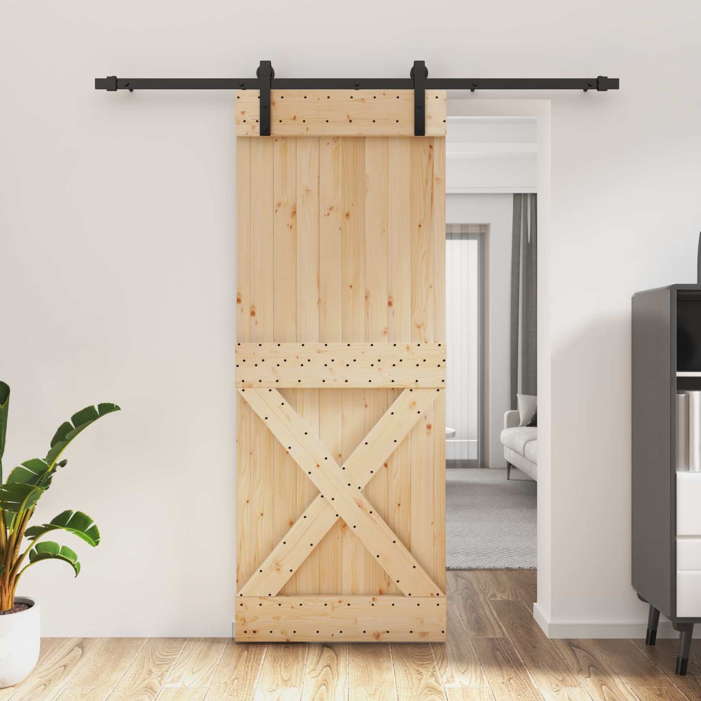 Sliding Door Natural and Black 80 x 210 cm Solid Pine Wood
