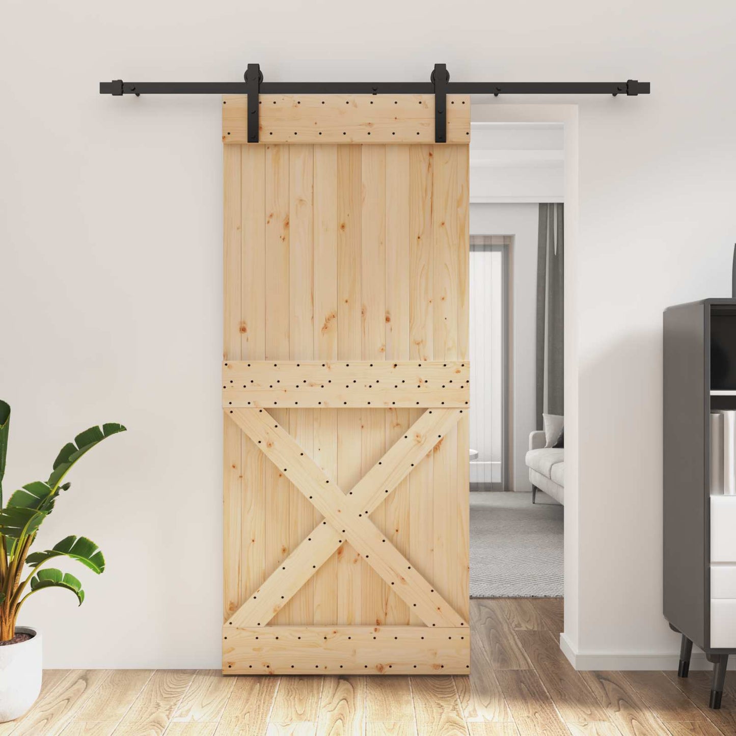 Sliding Door Natural and Black 90 x 210 cm Solid Pine Wood