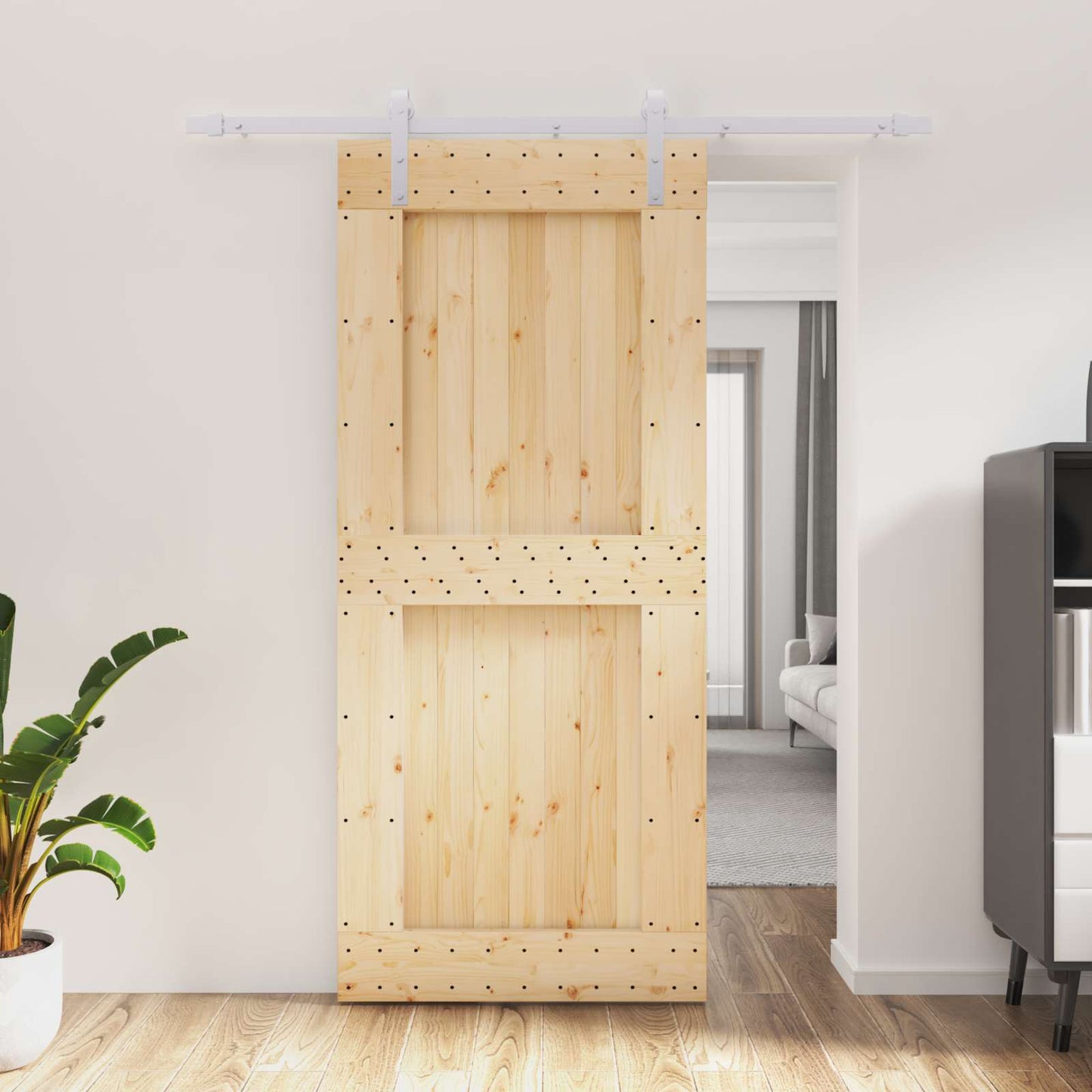 Sliding Door Natural and White 90 x 210 cm Solid Pine Wood