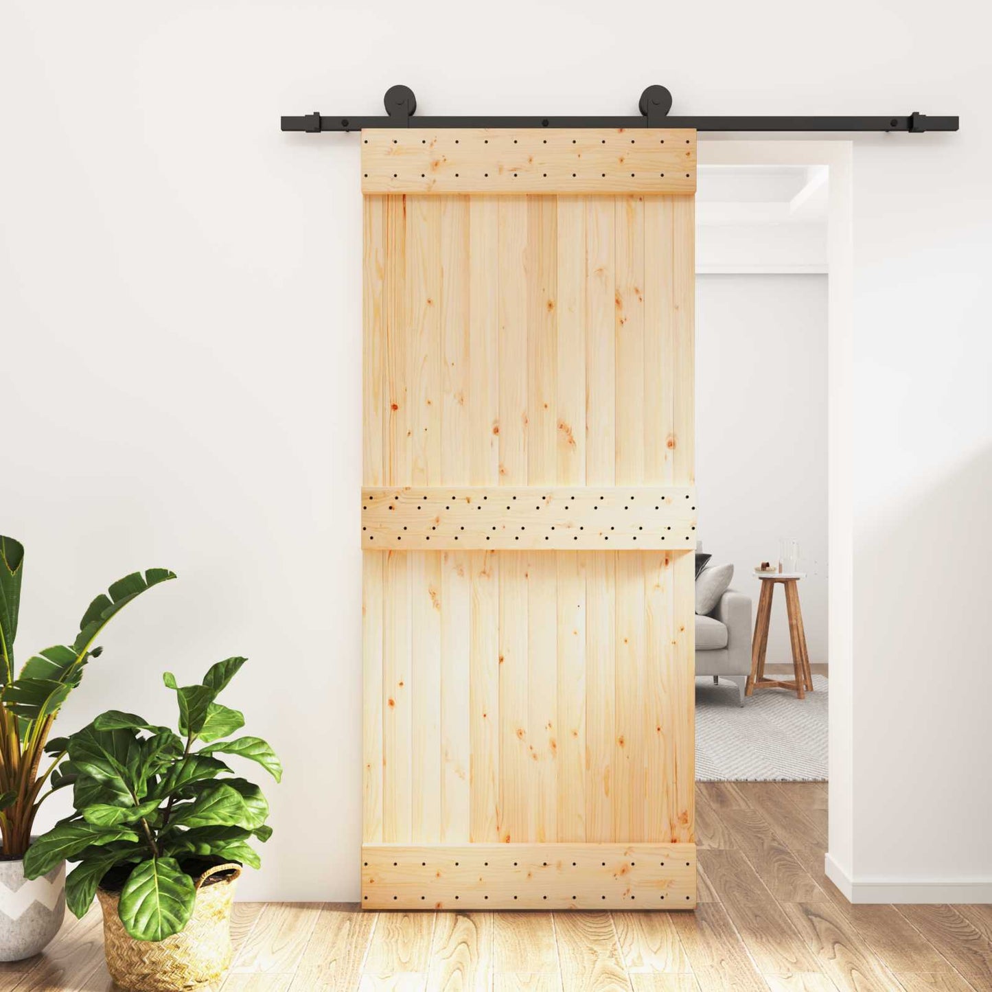 Sliding Door Natural and Black 90 x 210 cm Solid Pine Wood