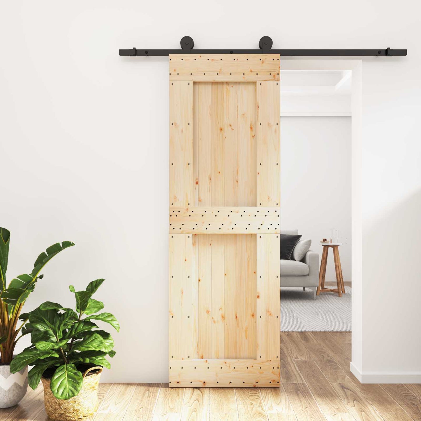 Sliding Door Natural and Black 70 x 210 cm Solid Pine Wood