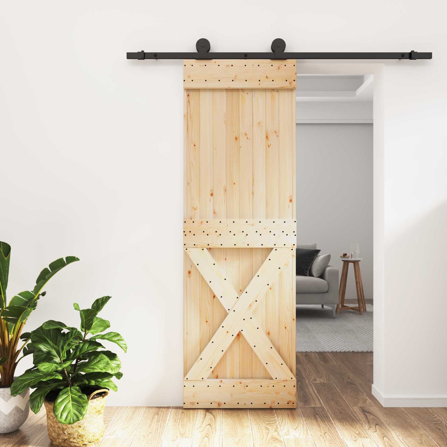 Sliding Door Natural and Black 70 x 210 cm Solid Pine Wood