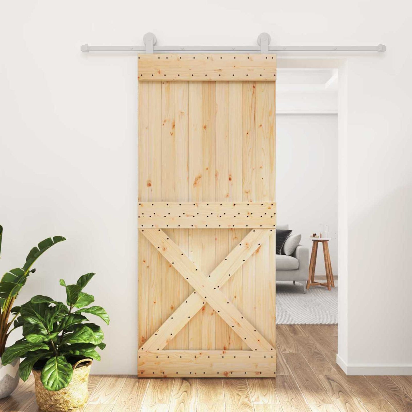 Sliding Door Natural and White 90 x 210 cm Solid Pine Wood