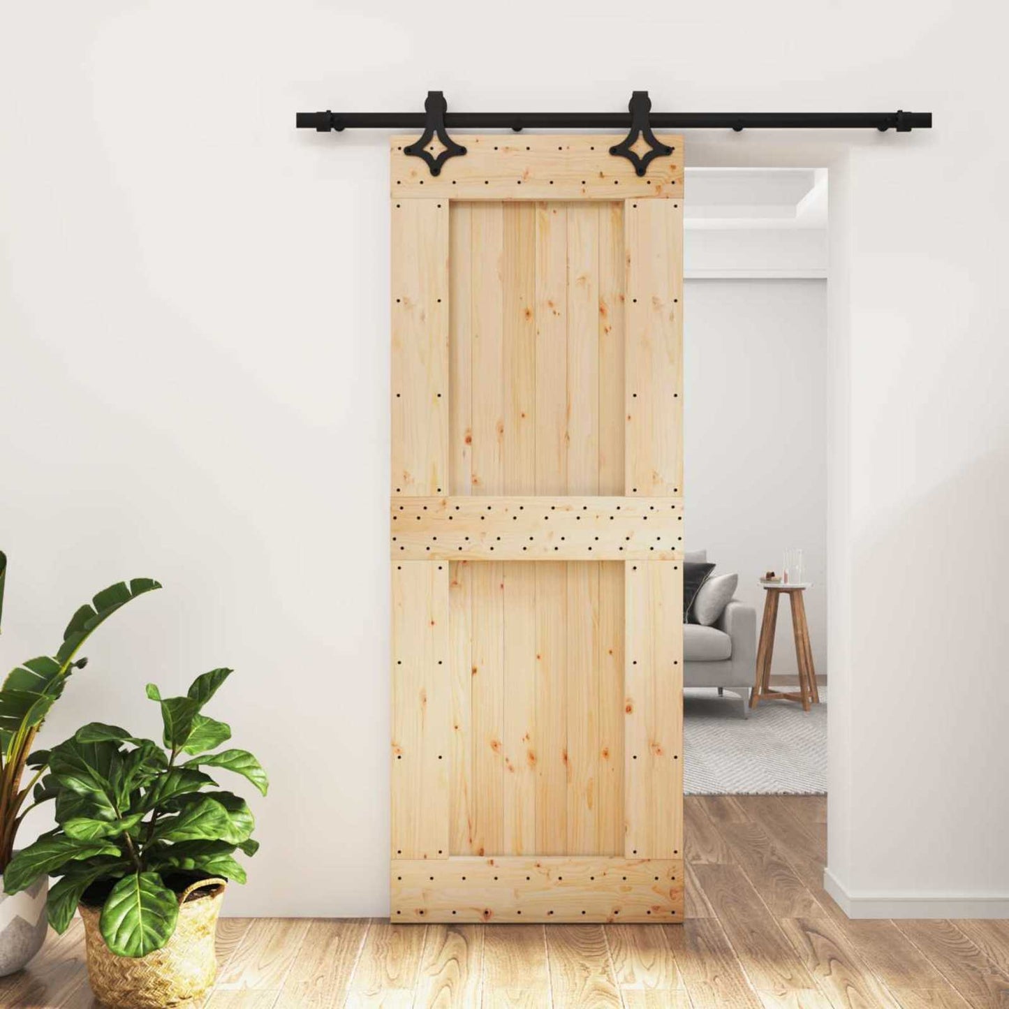 Sliding Door Natural and Black 80 x 210 cm Solid Pine Wood