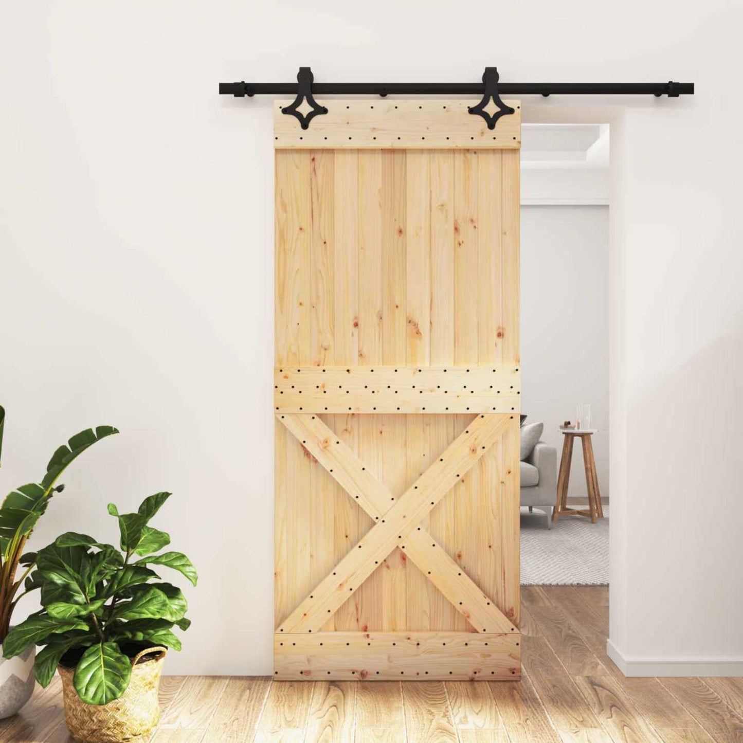 Sliding Door Natural and Black 90 x 210 cm Solid Pine Wood