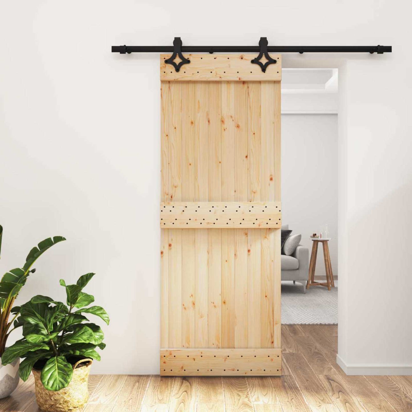 Sliding Door Natural and Black 80 x 210 cm Solid Pine Wood
