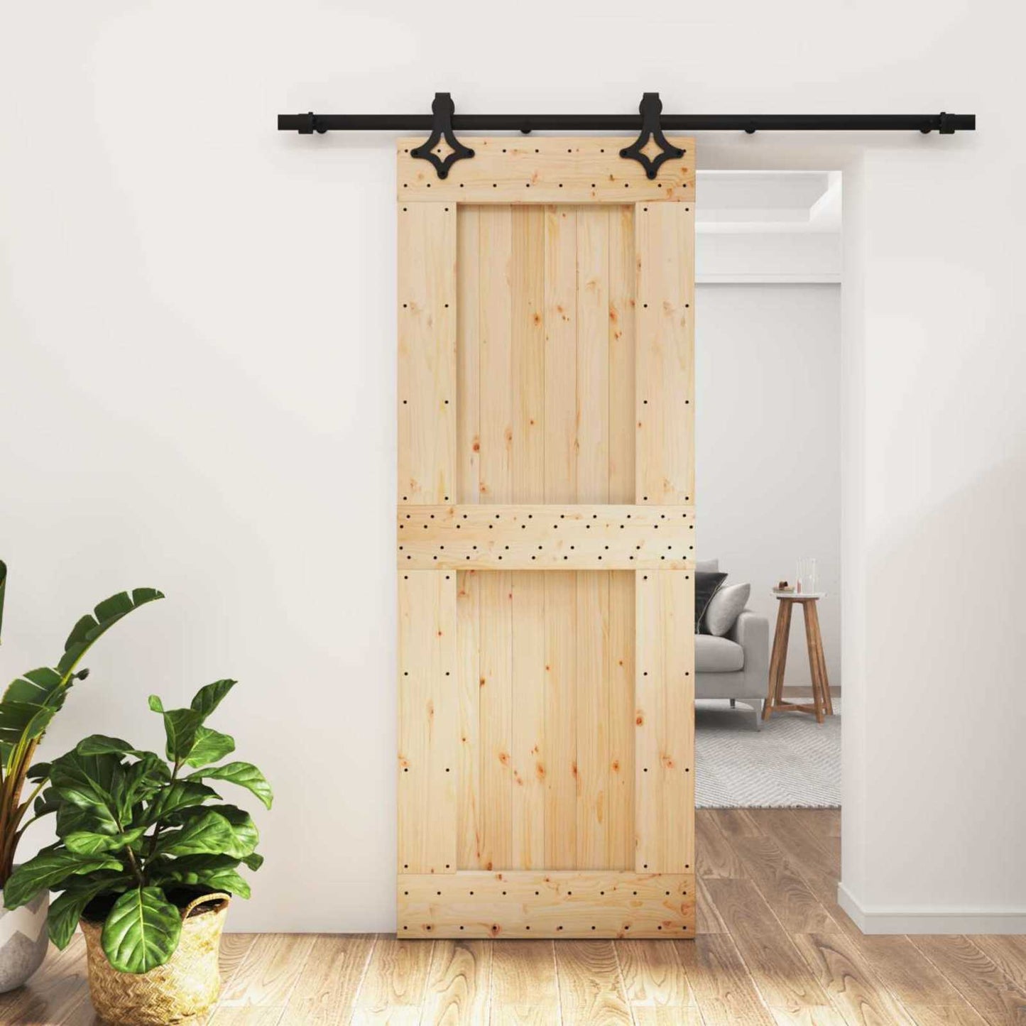 Sliding Door Natural and Black 80 x 210 cm Solid Pine Wood
