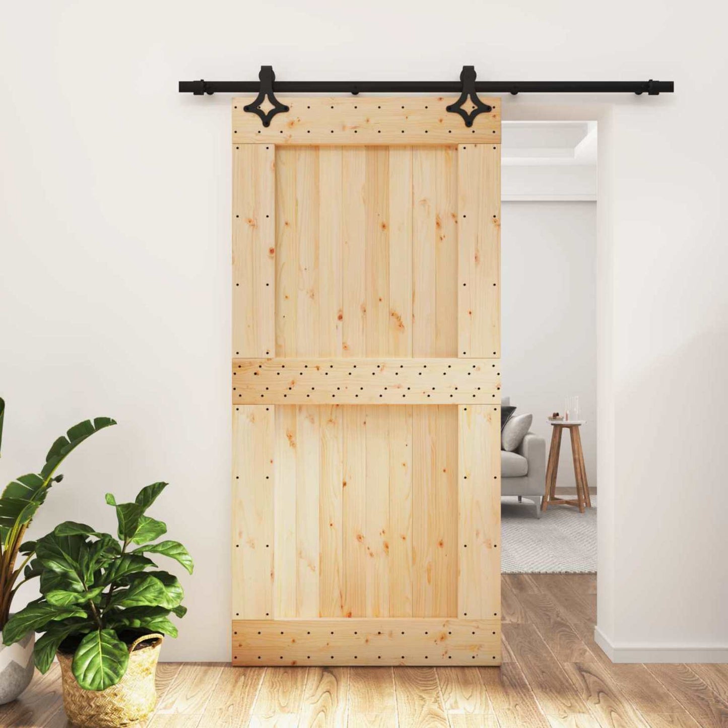 Sliding Door Natural and Black 100 x 210 cm Solid Pine Wood