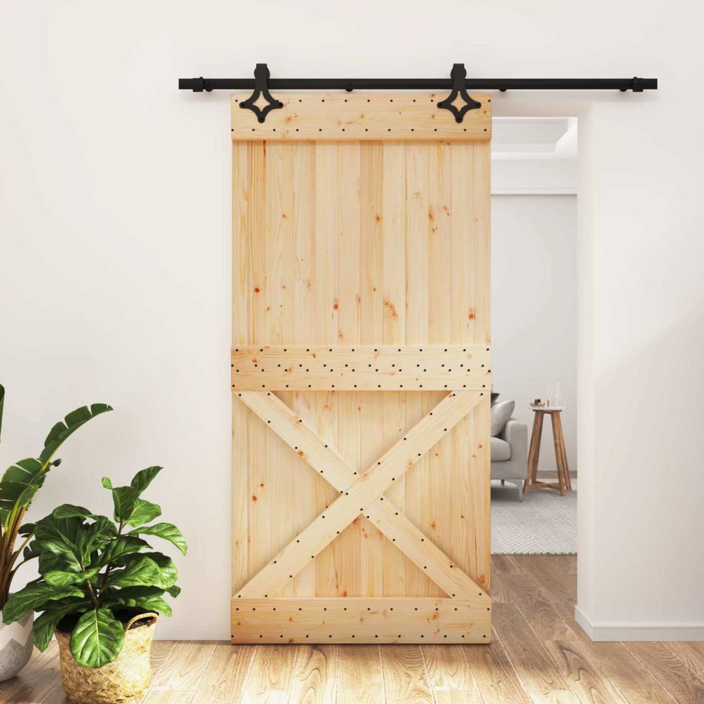 Sliding Door Natural and Black 100 x 210 cm Solid Pine Wood
