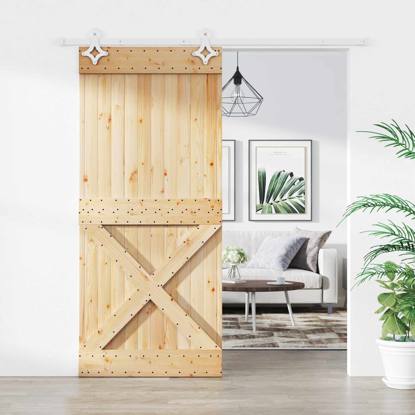 Sliding Door Natural and White 90 x 210 cm Solid Pine Wood