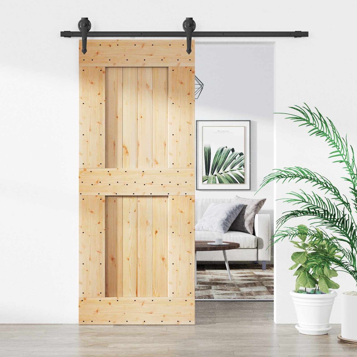 Sliding Door Natural and Black 85 x 210 cm Solid Pine Wood