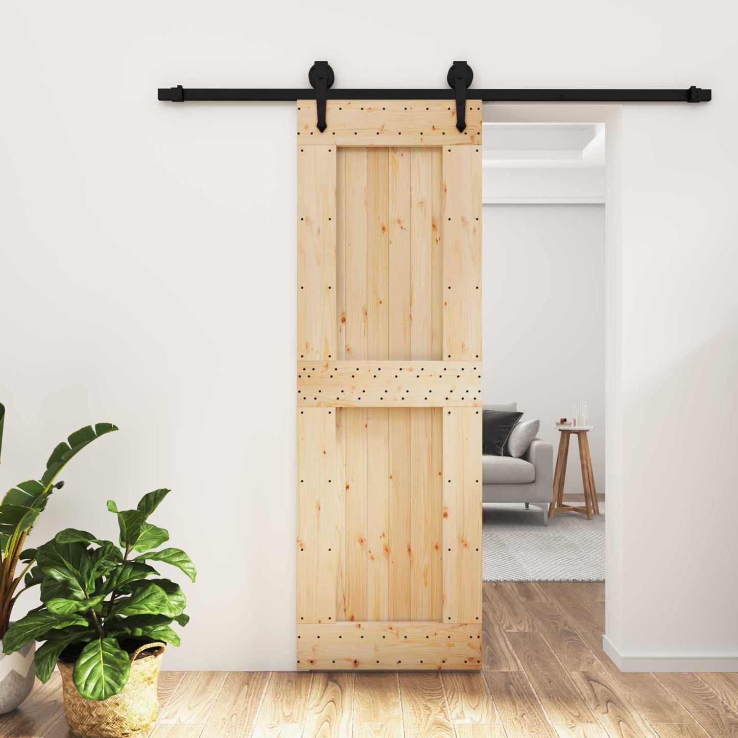 Sliding Door Natural and Black 70 x 210 cm Solid Pine Wood
